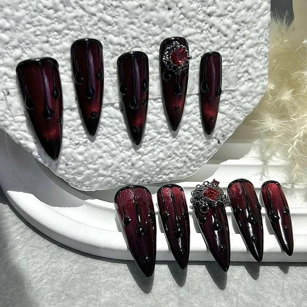 10Pcs Dark Blood Red Long Tip Handmade Press On Nails Diamonds Cat Eye Glitter Chains Fake Nail DIY Manicure(Long Tip-S)