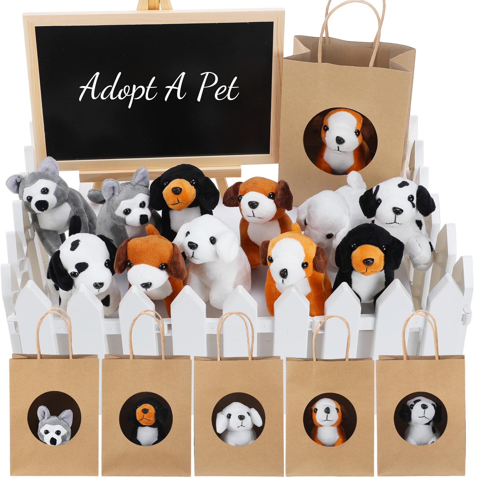 Arrowbash 36 Pcs Adopt a Puppy Favor Mini Plush Stuffed Animal Dog Set with 10 White Plastic Fence 12 Kraft Paper Gift Bags Wooden Chalkboard Sign for