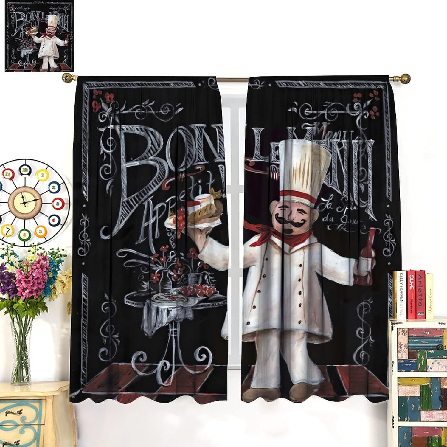 Vintage Kitchen Chef Rod Pocket Blackout Curtains for Bedroom - Abstract Medieval Fat Chef Window Drapes,Thermal Insulated Room Darkening Curtains 2 Panels 45L x 21W
