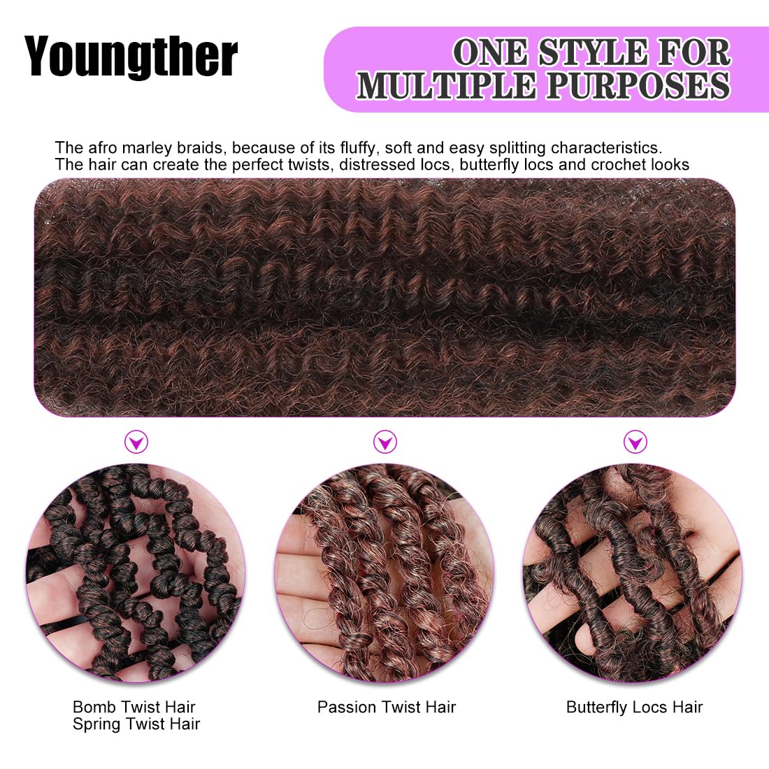 Youngther 16 Inch Pre Fluffed Spring Twist Afro Hair 7 Packs Soft Locs Marley Twist Braiding Human Hair for Black Women Springy Afro Synthetic Braiding Hair Extension (16 Inch (Pack of 7), T350)
