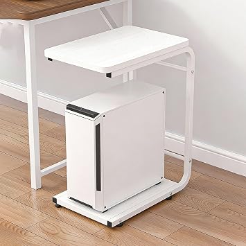 Computer Tower Stand with Wheels, Mobile PC Case Base, 2-in-1 Storage Shelf for Printer & Desktop ComputerWhite -B