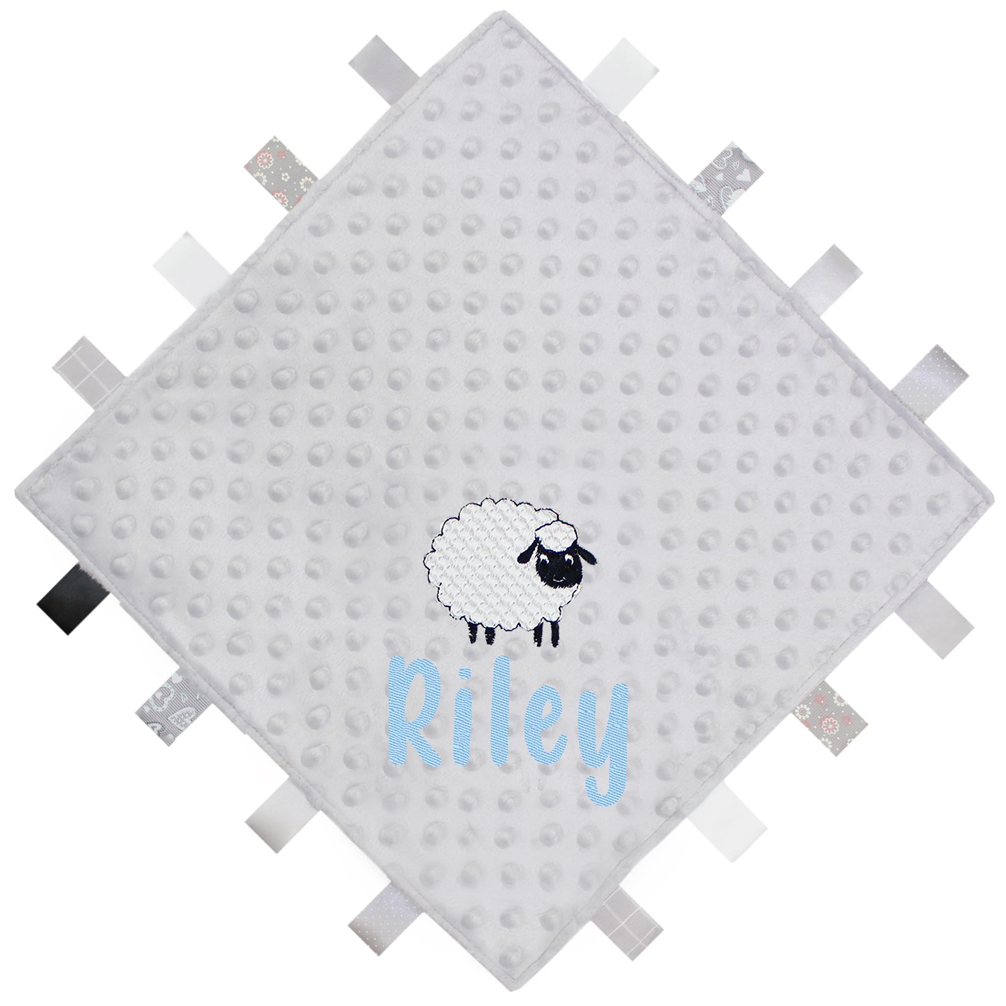 TeddyT's Personalised Embroidered Sheep Baby Taggy Blanket Comforter (Grey) (Baby Blue)
