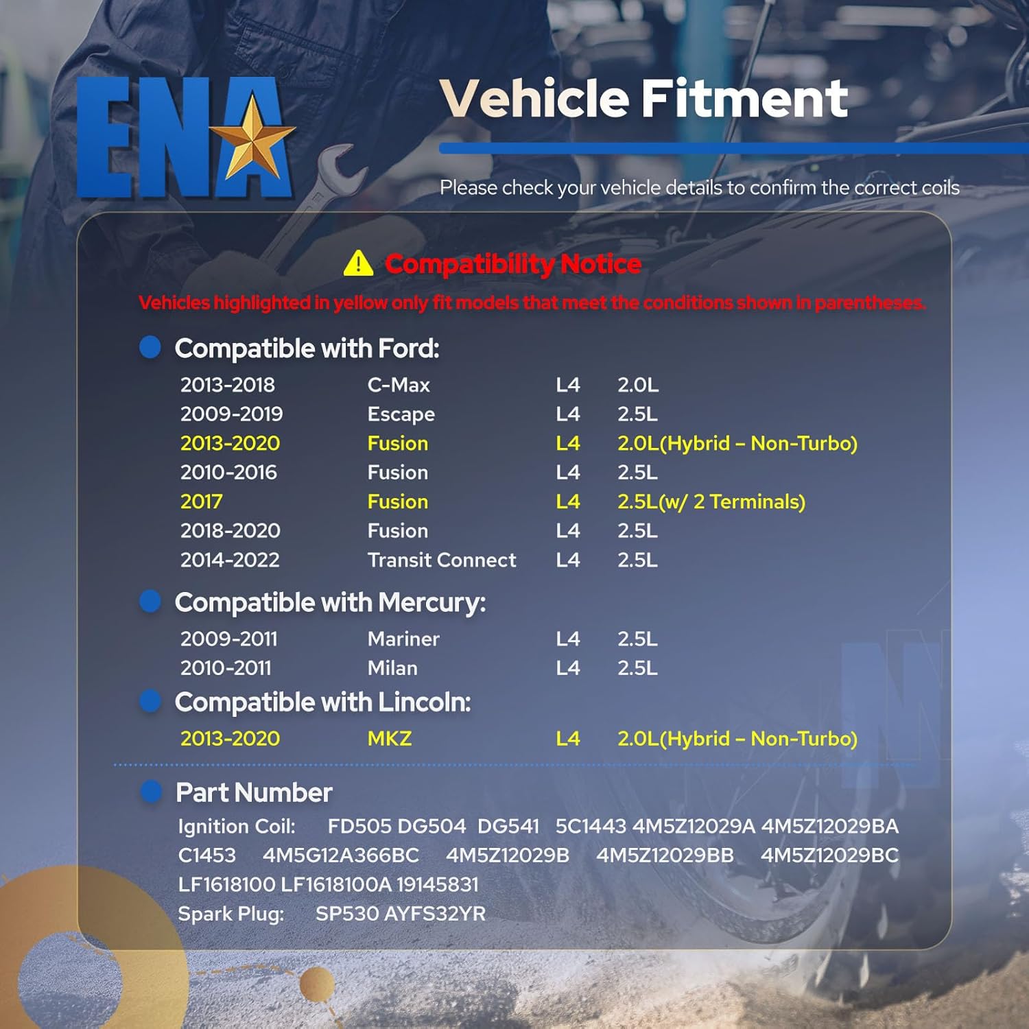 ENA Set of 4 Iridium Spark Plug and 4 Ignition Coil Pack 2010-2021 Compatible with Ford Lincoln Mercury Escape CMax Fusion Transit Connect MKZ Mariner Milan 2.0L 2.5L Replacement for FD505 SP530