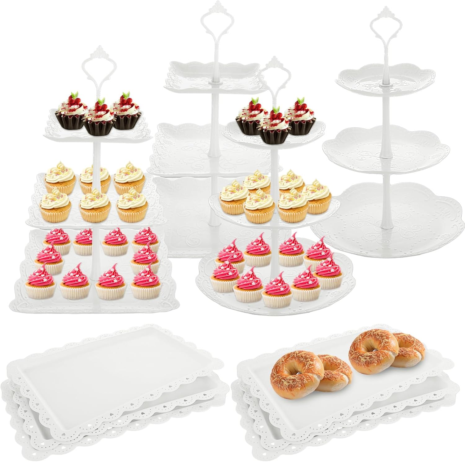 ABuff 10 PCS Cupcake Stand White Plastic Dessert Table Display Set, 4 PCS 3 Tier Cake Stand Holder Cookie Tray Rack Cake Display Tower and 6 PCS Dessert Serving Tray for Wedding Baby Shower Tea Party