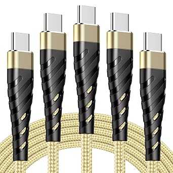 5 Pack USB C to USB C 6.6FT Cable, 60W Aluminium Alloy Nylon Braided Type C to Type C Charger Cord Fast Charging for Phone 15 Pro Max Plus Mac Book Pro/Pad Air, Samsungg S23/22, Piixel, SSwitch, Gold