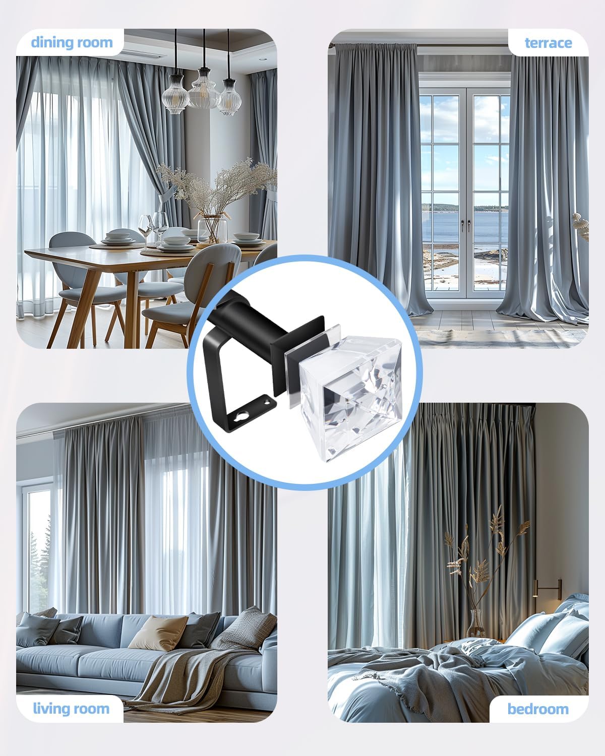 SCITOO Curtain Rods Set for windows 36 to 66 inches Adjustable Length 0.75inch Diameter Window Curtain Rod with Diamond Acrylic Finial,Matte Black