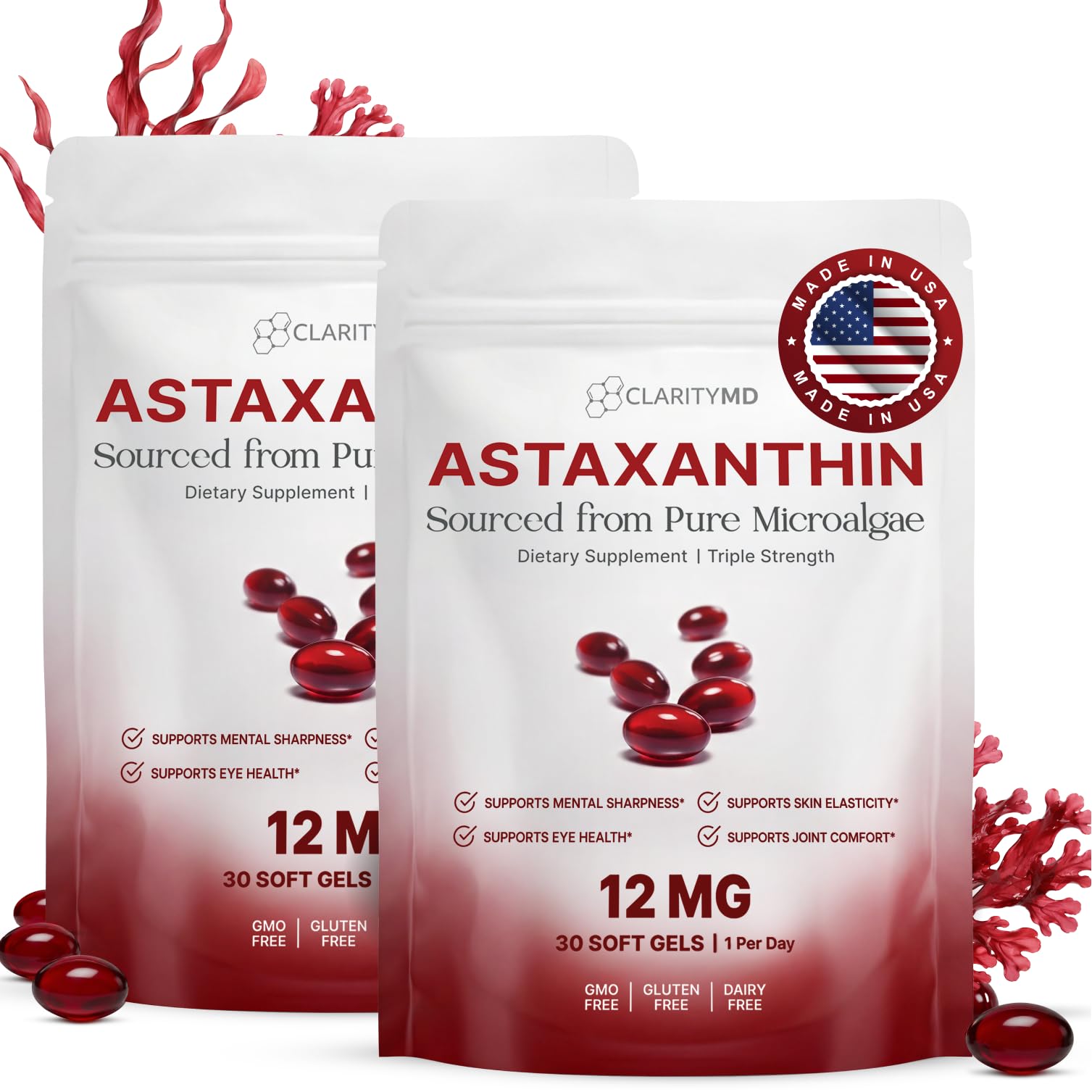 Astaxanthin 12mg Antioxidants Supplement – Natural Microalgae Source – Lipid-Based Softgel for Enhanced Absorption – Cognitive, Vision &amp; Joint Support – 30 Softgels (Pack of 2)