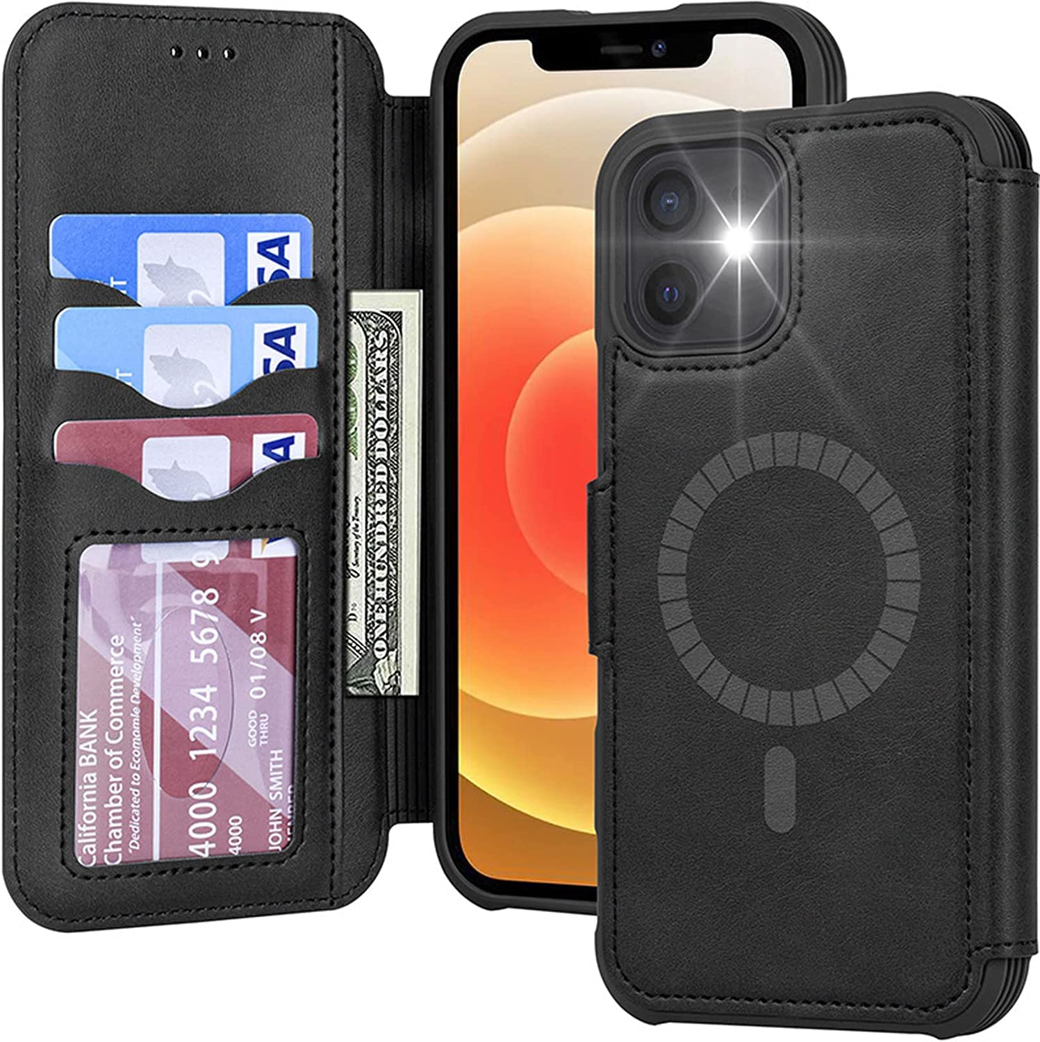 Étui portefeuille pour iPhone 14 avec porte-cartes et rabat magnétique MagSafe