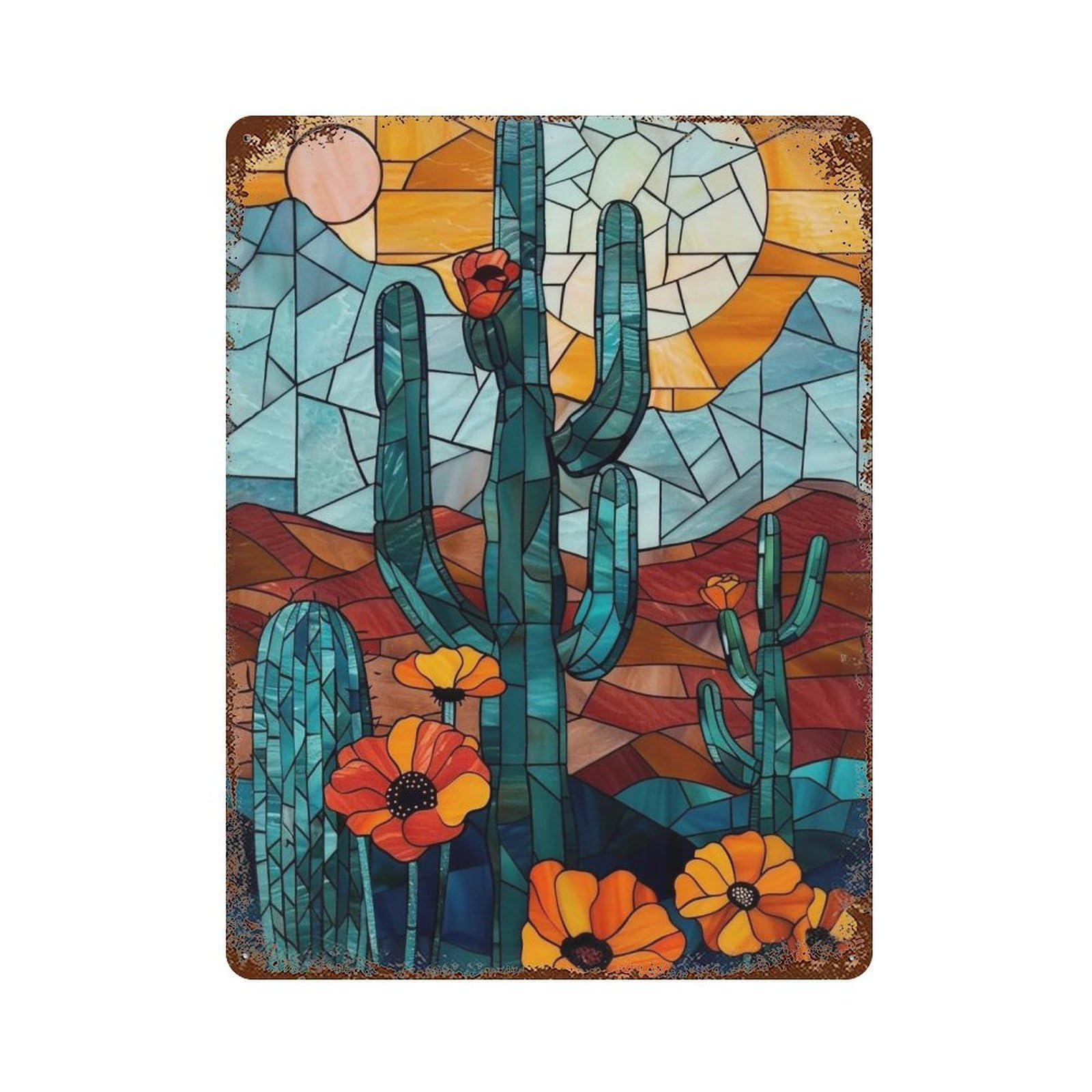 WIHYRTUI Stained Glass Mosaic Teal Desert Cactus Orange Bloom Vista 01 Wall Retro Iron Metal Tin Sign Vintage Art Poster Modern Home Cofffee Club Art Bar Shop Decor Style 40x30cm