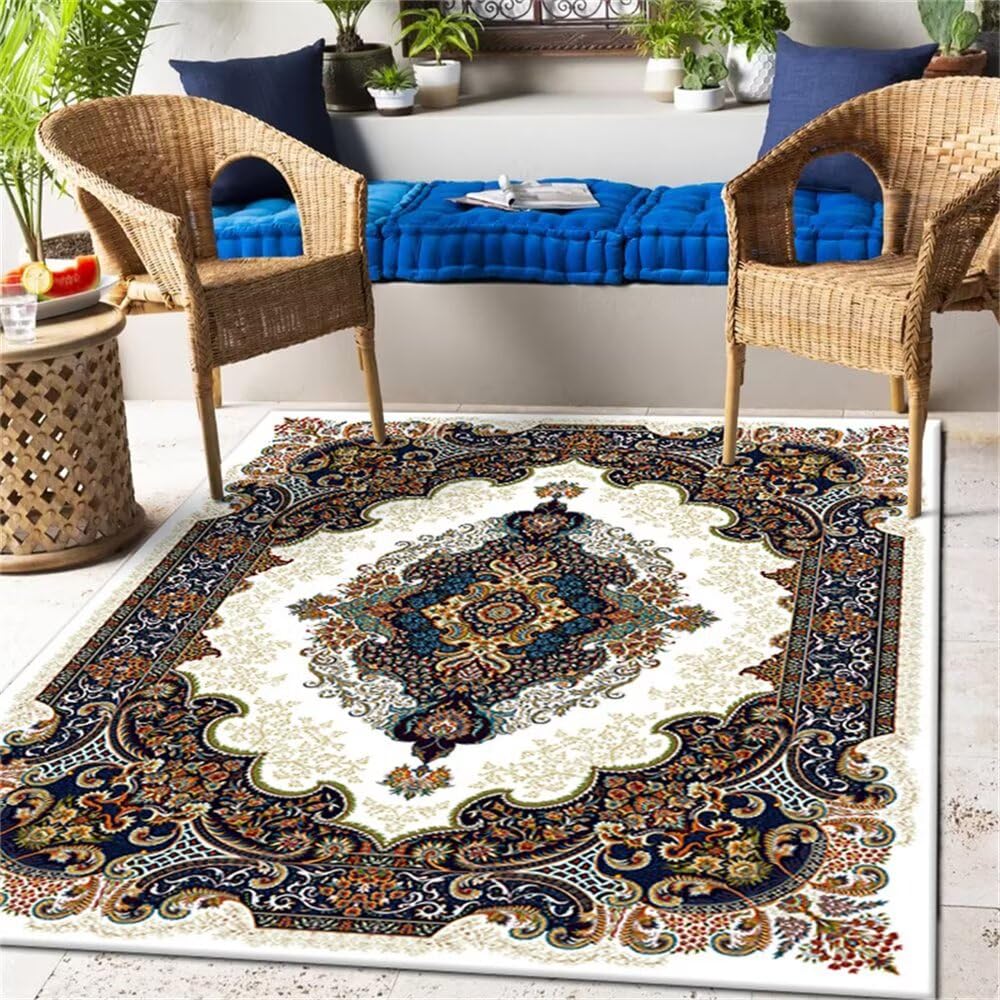 Tapis de chambre enfant bleu floral vintage 90x150 paillasson salon personnalisable