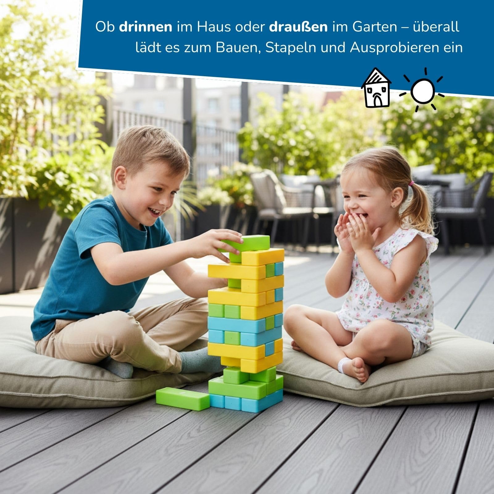 alldoro 60065 XXL Wackelturm & Domino 2 in 1, Geschicklichkeitsspiel im Jumbo-Format, 30 bunte Bausteine, inkl. Farbwürfel & Tasche, indoor & outdoor