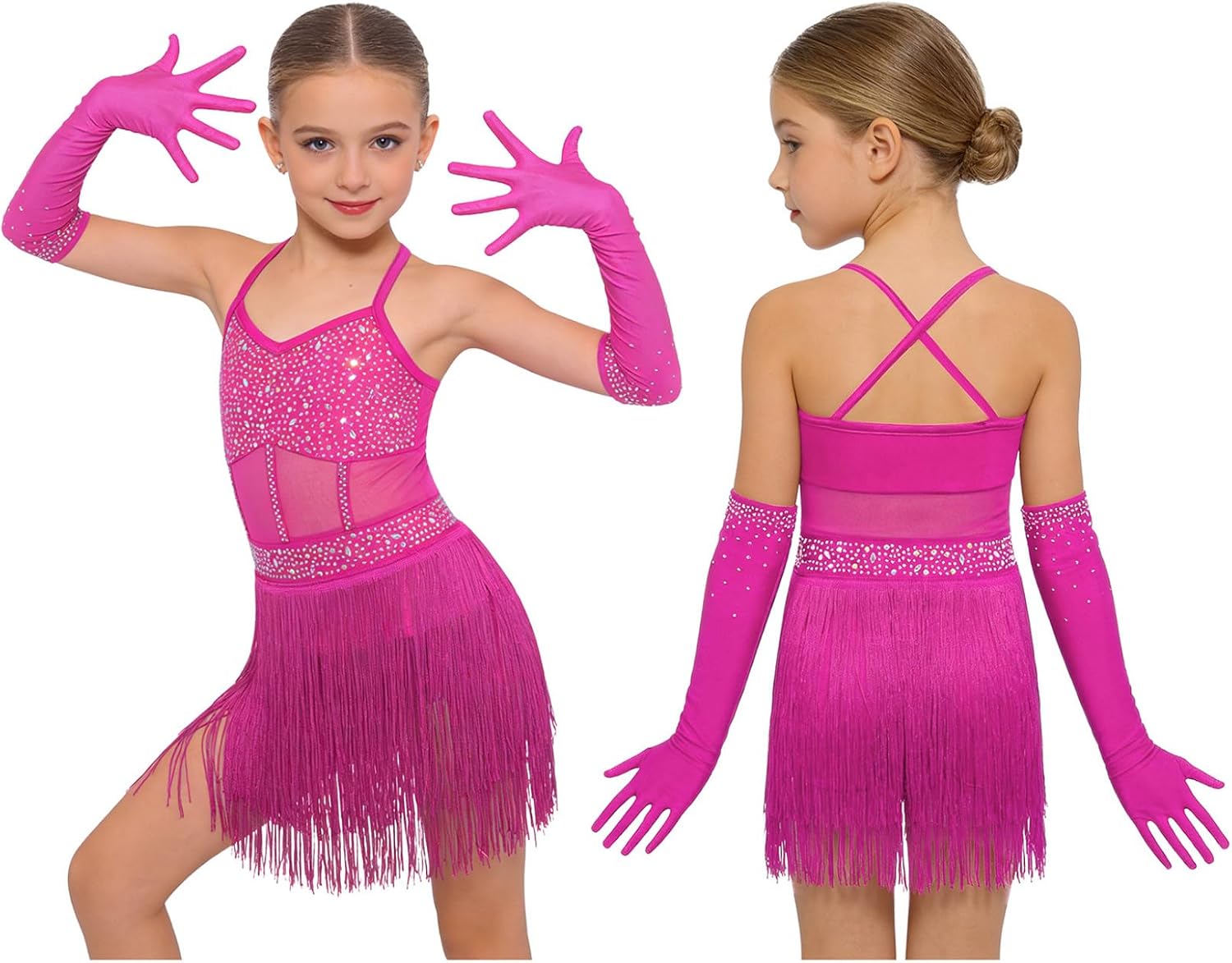 Girls Sparkly Latin Dance Dress with Gloves Shiny Rhinestone Tassels Dress Jazz Cha Cha Tango Dance Outfits