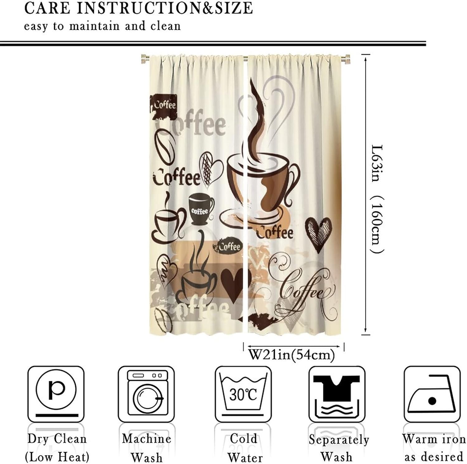 YCness Coffee Curtains for Kitchen Window Treatments, Theme Latte Tea Cup Living Room,Cafe Brown Drapes 2 Panel Sets,42x63 Inch