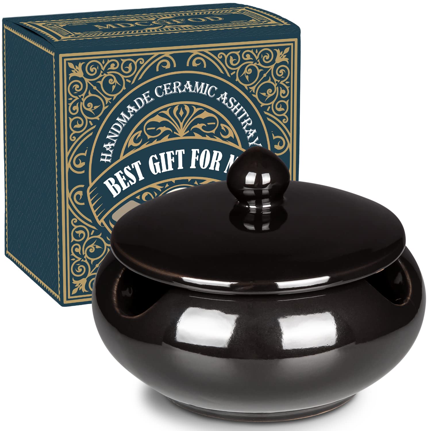 Ceramic Ashtray with Lids Cigar Accessories Outdoor Windproof Ashtrays for Cigarettes Ash Tray Gift for Men Dad Husband Boyfriend Home Ashtrays for Patio, Indoor, Outside, Office Decoration (Black)