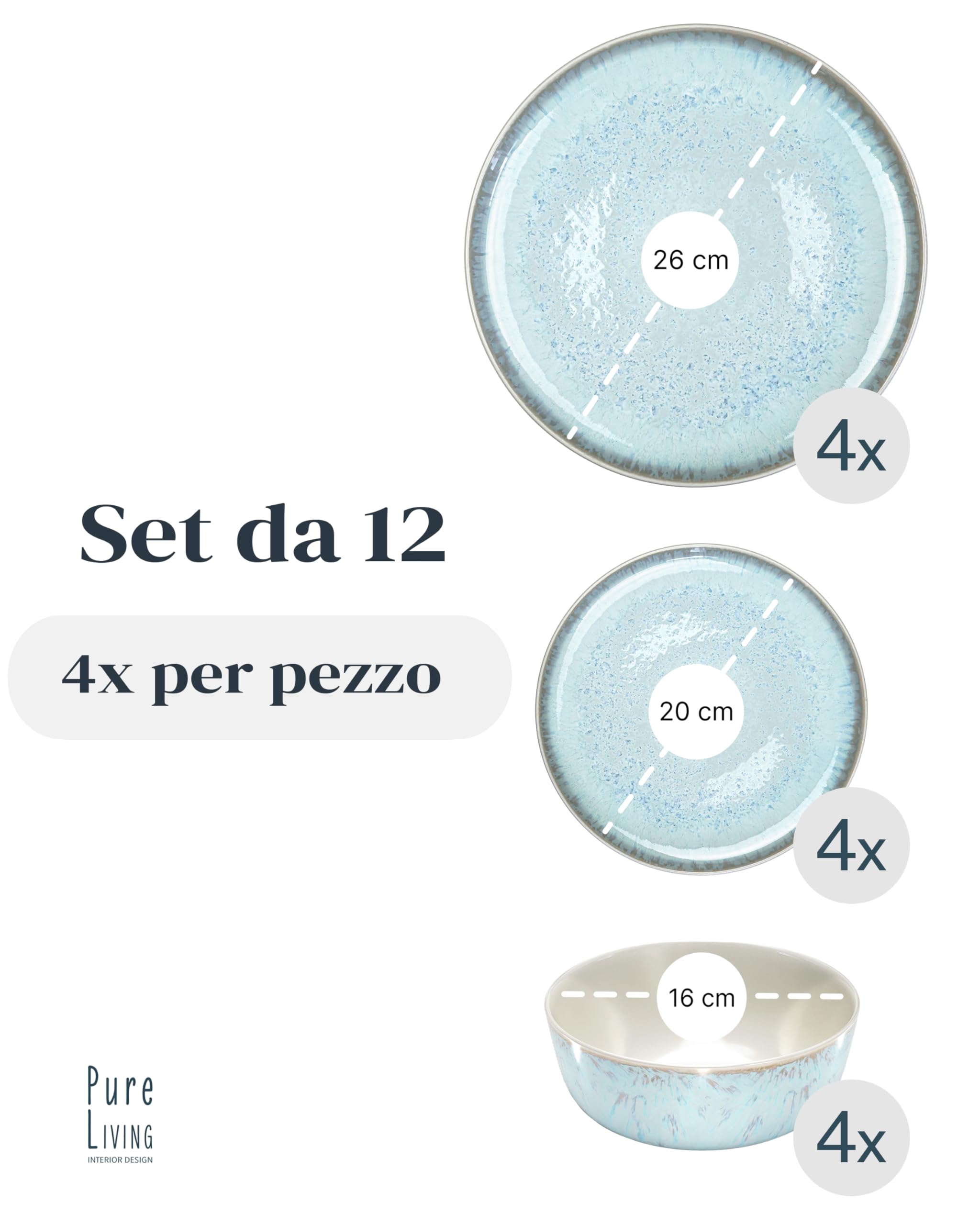 Servizio Piatti Ibiza per 4 Persone, 12 Pezzi Set Piatti Moderni Compatibile con Lavastoviglie e Microonde - Set da Tavola e Cucina di Pure Living Beige-blu