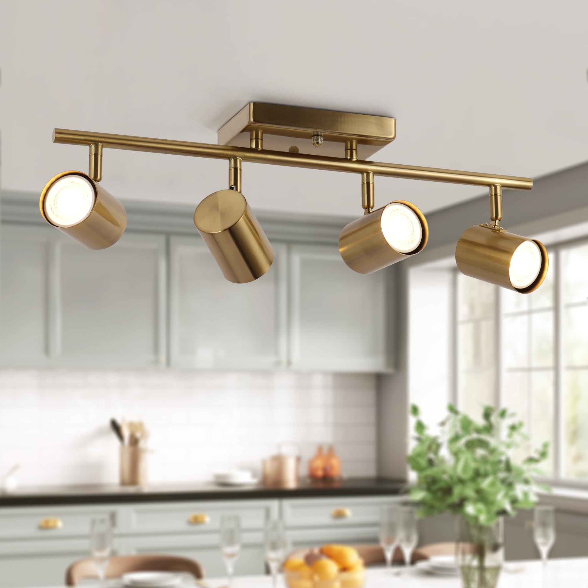 4-Light Track Lighting Kit, Gold Semi Flush Mount Ceiling Light with 4 Rotatable Light Heads, Modern Accent Lighting for Living Room, Bedroom, Hallway, Art Wall, Bathroom, Kitchen