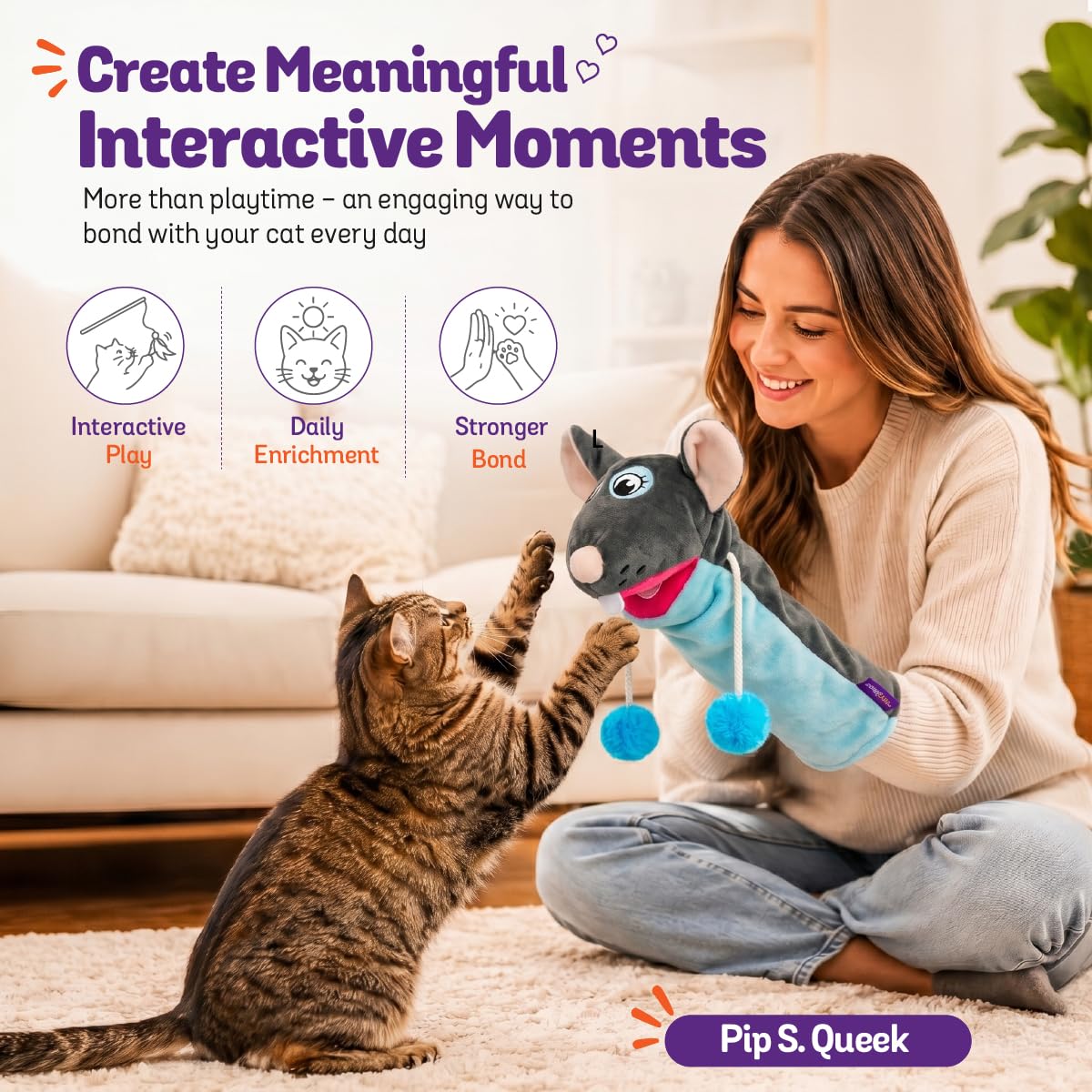 Pounce & Purr Meow Mitt - Juguete portátil para gatos – Manopla de peluche de ratón "Pip S. Queek" con hierba gatera y vid plateada, sonidos arrugados, brazos colgantes y protección de 2 capas para