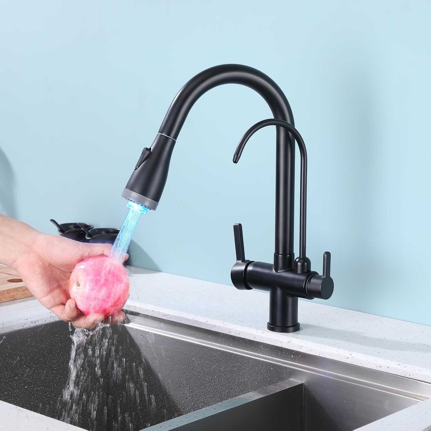 Matte Black 2 in 1 Kitchen Sink Faucet - LED Light Pull Down Faucet with Drinking Water Faucet, 2 Handle Commercial Stainless Steel Faucet for Farmhouse Bar Sink​