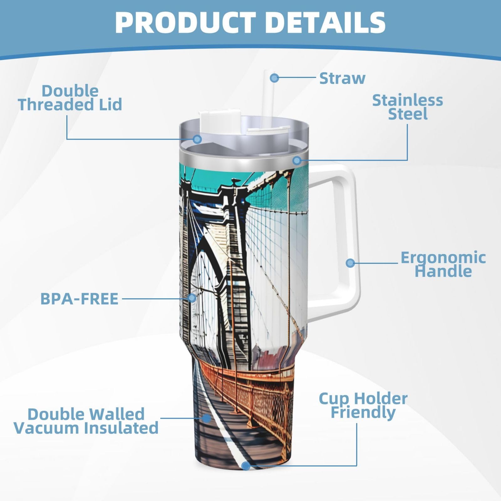 Brooklyn Bridge Wasserflasche aus Edelstahl, doppelwandig, isoliert, mit Griff und Strohhalm-Deckel, 1,2 l