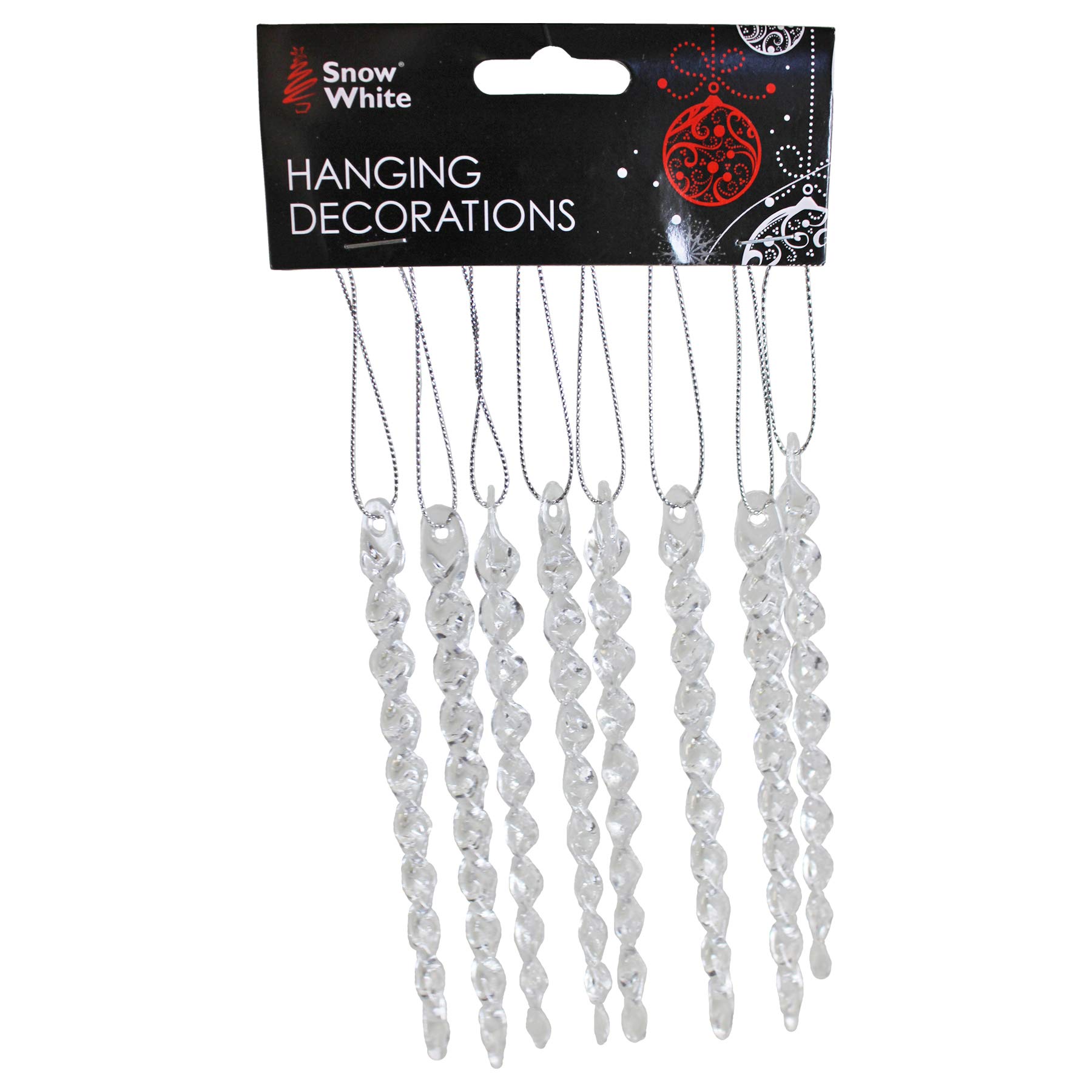 Snow White Christmas Clear Acrylic Hanging Tree Decorations - 8 Pack 14cm Icicles