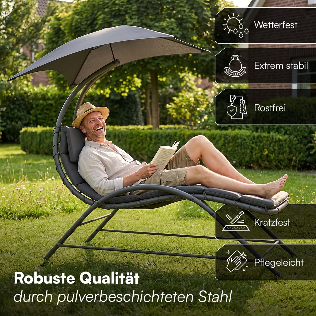 STEELSØN Nyria Sonnenliege mit Kissen Anthrazit – Gartenliege verstellbares Sonnendach – Liegestuhl bis 120 kg – Balkonliege wetterfest – Relaxliege großzügige Liegefläche – Outdoor Liege mit Gestell