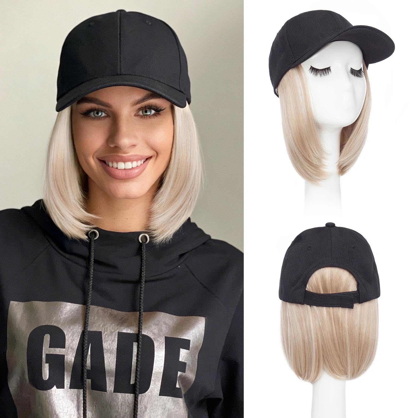 Photo 1 of **HAT BEIGE**Benehair Hat Wig Extensions, Baseball Cap with Synthetic Hair Attached, Adjustable Wig Hairpieces for Women Daily Outdoor, 5 Inch Short Straight Deep Brown Hair with Beige Cap