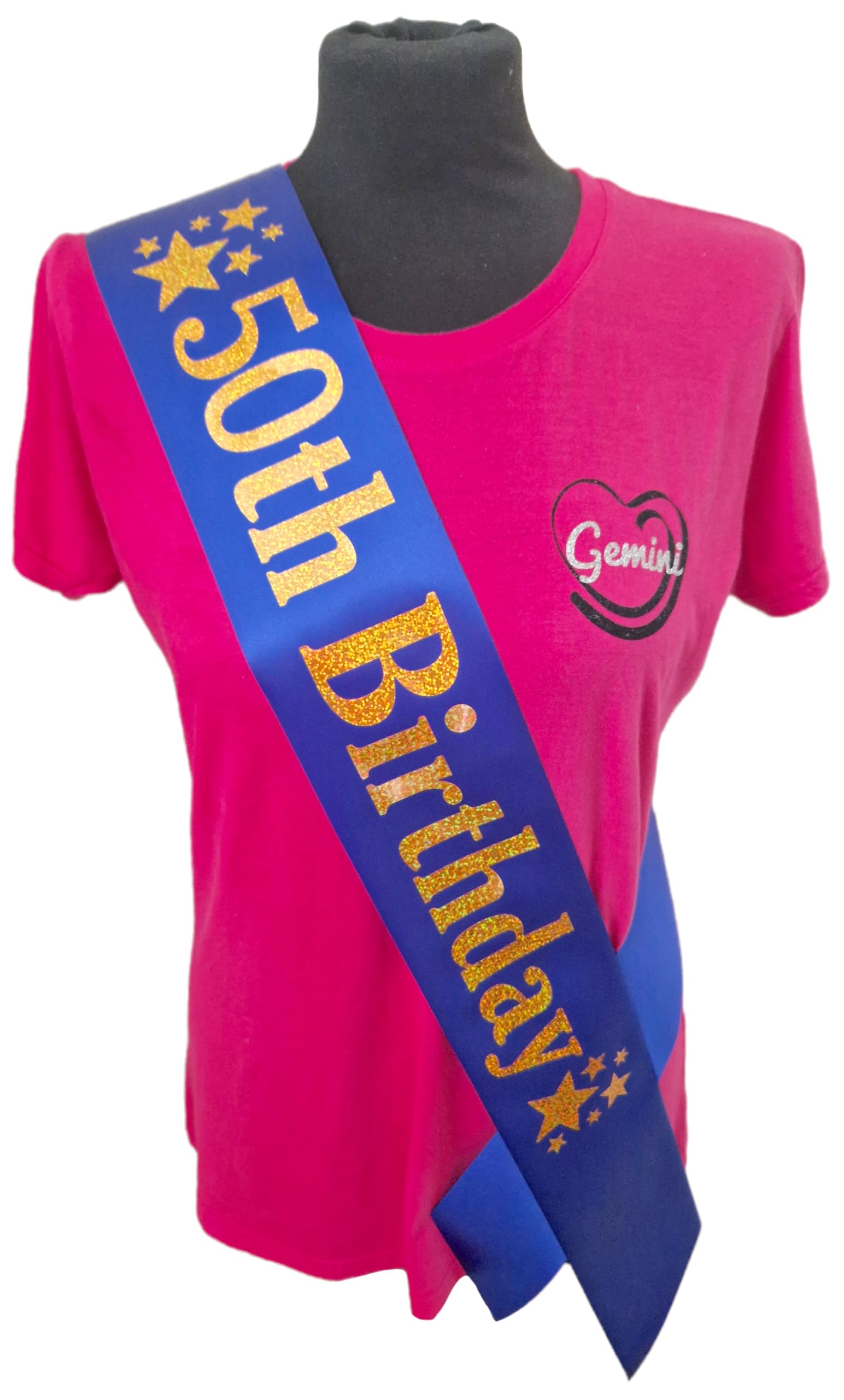 50th Birthday Sash - 50 Star Birthday Sash - Beautiful Quality Blue Ribbon and Holographic Gold Font