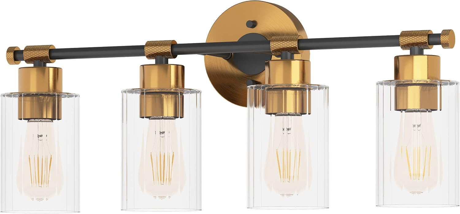 Inlight 23" Wide 4-Light Brass Gold Bathroom Vanity Light, Modern Black Bath Lighting, Clear Ribbed Glass Shade Wall Sconce, Bulb Not Included, IN-0445-4-GD