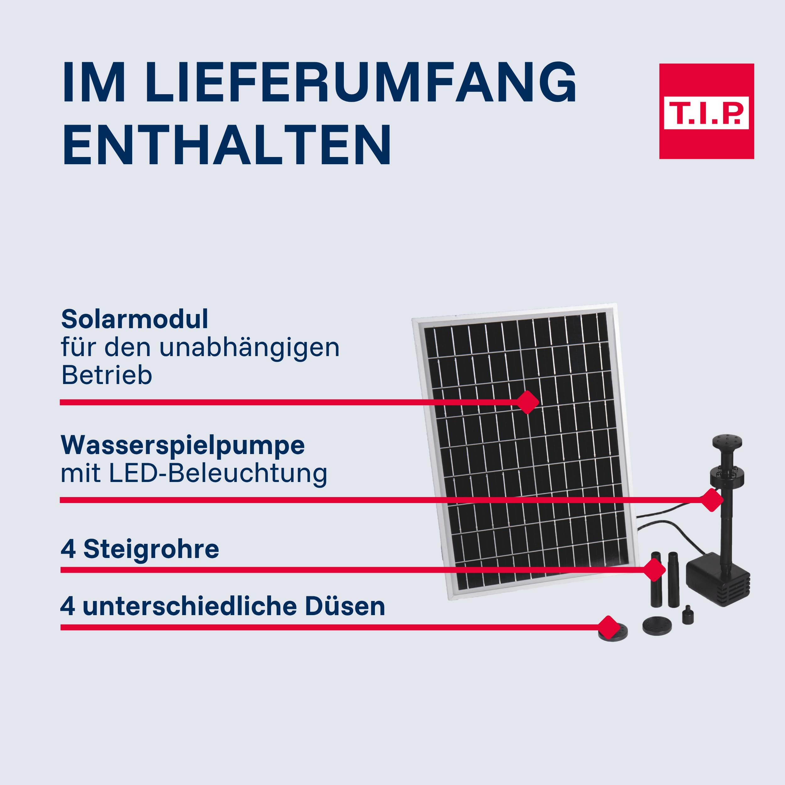 T.I.P. Solarteichpumpe Set mit Akku, Fernbedienung - Wasserspiel, Fontäne für Teich | SPS 300/9 Solar Pumpe fuer Gartenteich mit 4 Fontänen-Düsen, Speicherakku, Timer, Solarpanel & Erdspiess im Komplettset
