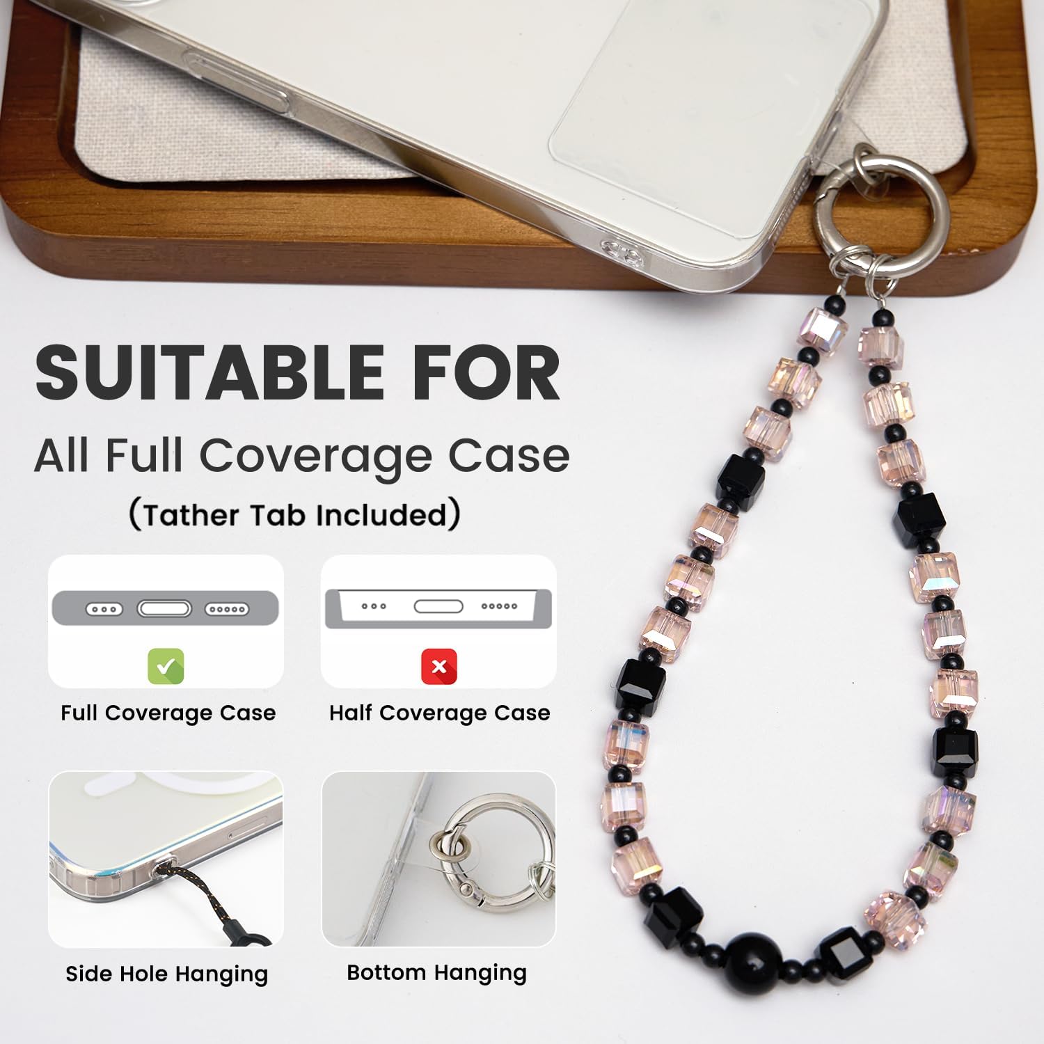 Phone Charm Strap, Sparkling Crystal Beaded Lanyard with Tether Tab &Metal Buckle for Cellphone, Wrist Keychain for Car Keys with D Ring for Women. - Image 2