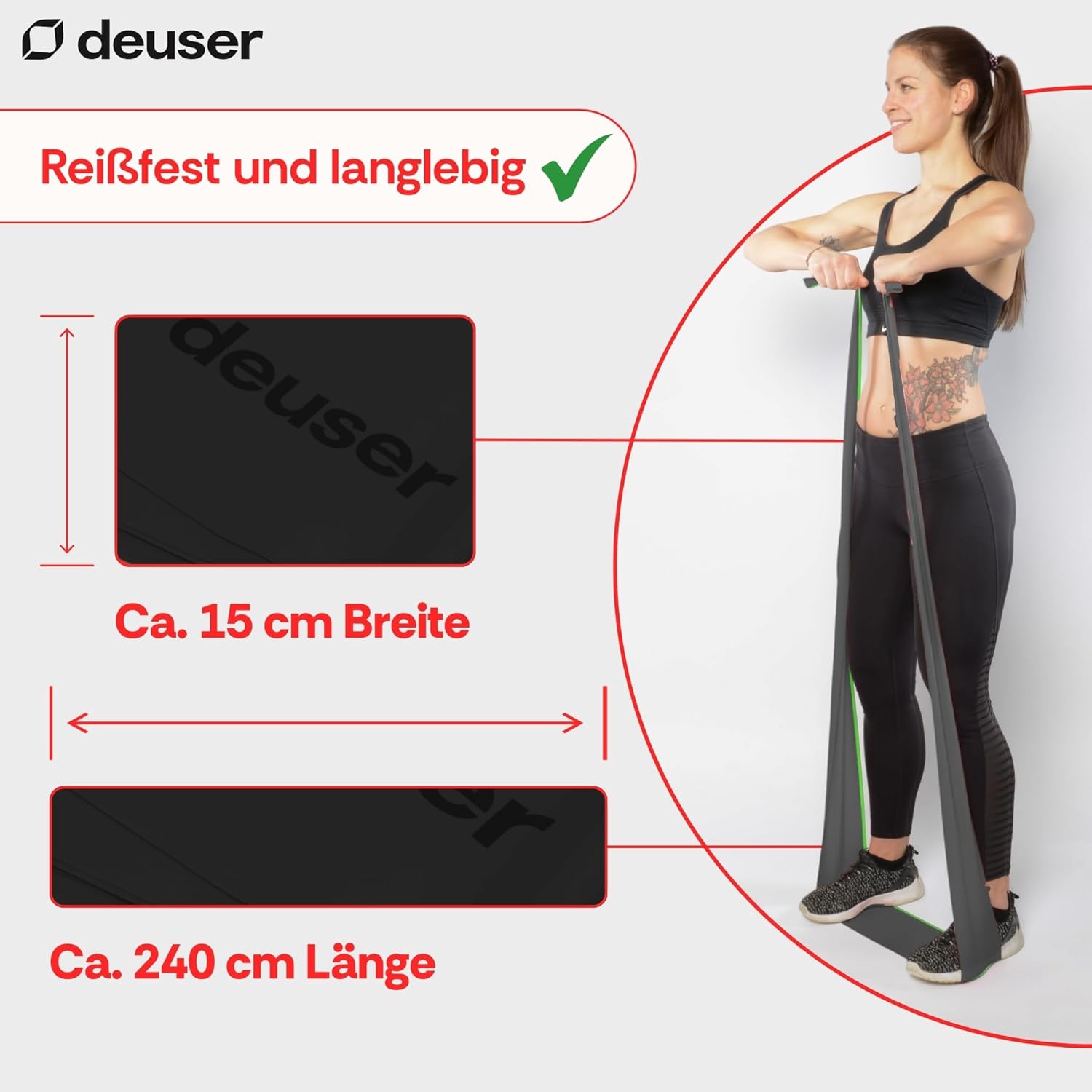 Deuser Physio Band [Includes Clip], 8ft Fitness Band with Textured Surface, Vegan, Extra Grip & Soft, Resistance Band for Fitness, Physio, Yoga, Pilates, Strength Training & Calisthenics