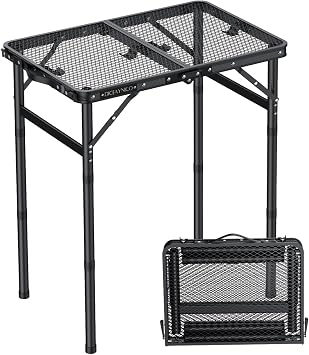 Folding Camping Table, 22" x 15" Picnic Table with 3 Adjustable Height Max 27.5", Matte Black Aluminum Folding Table with Handle for Party, Dining, Garden, Patio, Market 2-Fold Mesh Tabletop
