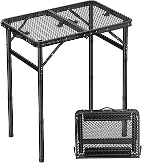 Folding Grill Table, 22" x 15" Picnic Table with 3 Adjustable Height Max 27.5", Mesh Desktop Aluminum Folding Table with Handle for Party, Dining, Garden, Patio, Market