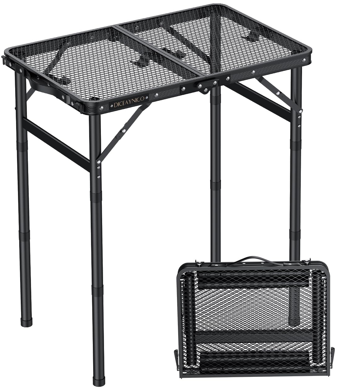 Klappbarer Grilltisch 56 x 38 x 70cm, 3-Fach Höhenverstellbar | Bis 70 cm Höhe, Aluminium mit Gitterplatte, Tragegriff, für Grillen, Camping, Garten, Terrasse, Picknick und Markt