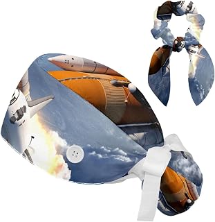 FVQL 2 Pieces Surgical Cap for Long Hair Scrub Cap with Hairband Nurse Cap, Cloud Space Rocket