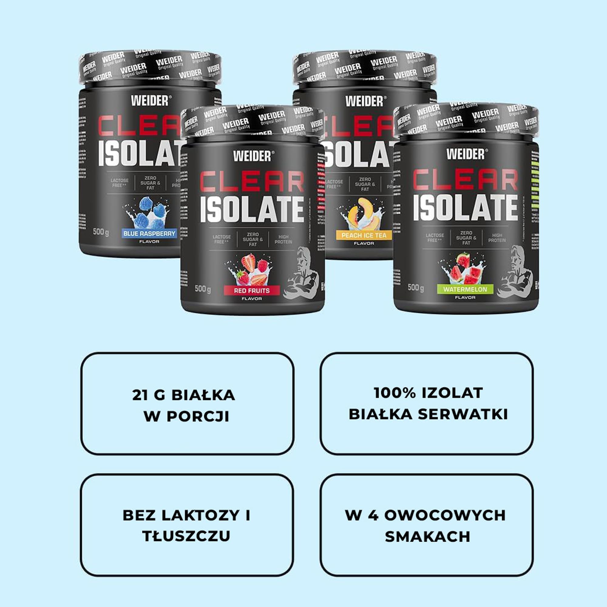 WEIDER Clear Whey izolat, owocowy izolat białka serwatkowego o wysokiej zawartości białka do orzeźwiających koktajli białkowych, pierwszorzędny proszek białkowy w jakości premium, bez cukru, Peach Ice