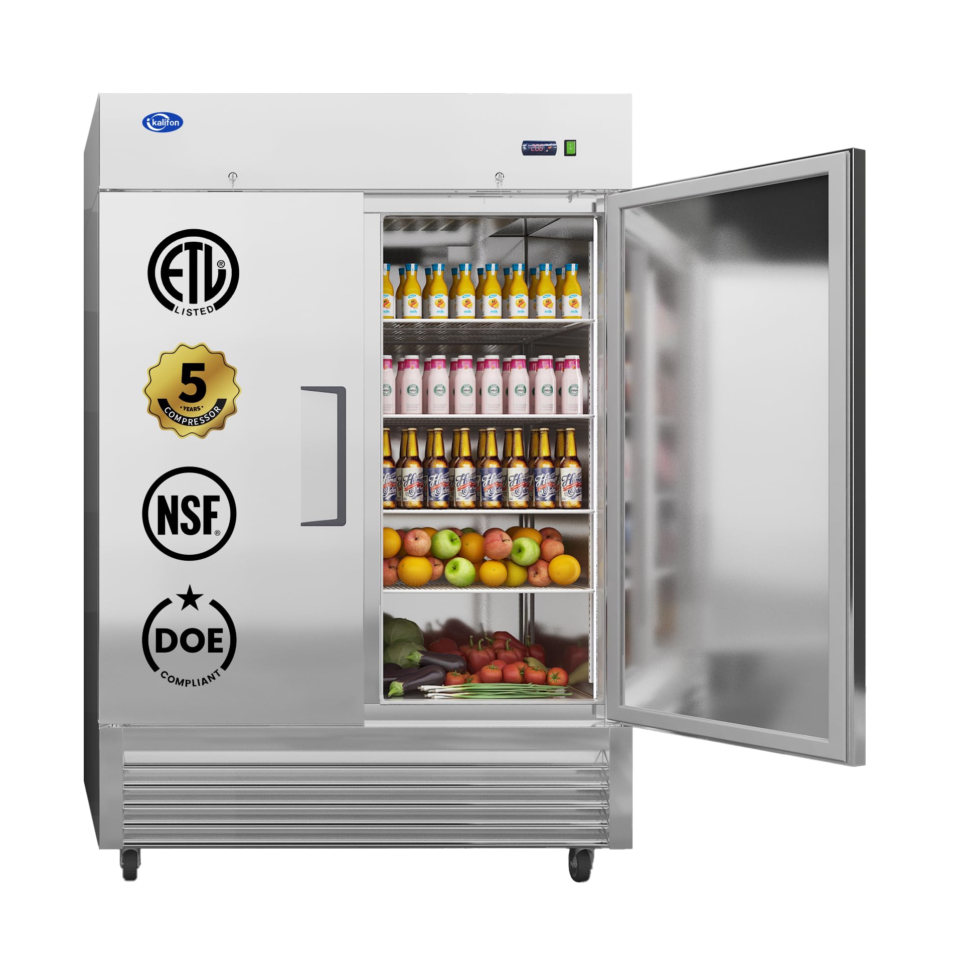 54" Commercial Refrigerator with 2 Solid Door, 49 Cu.ft Reach-in Stainless Steel Refrigerator, Fan Cooling Refrigerator for Restaurant, Bar, Home, Shop