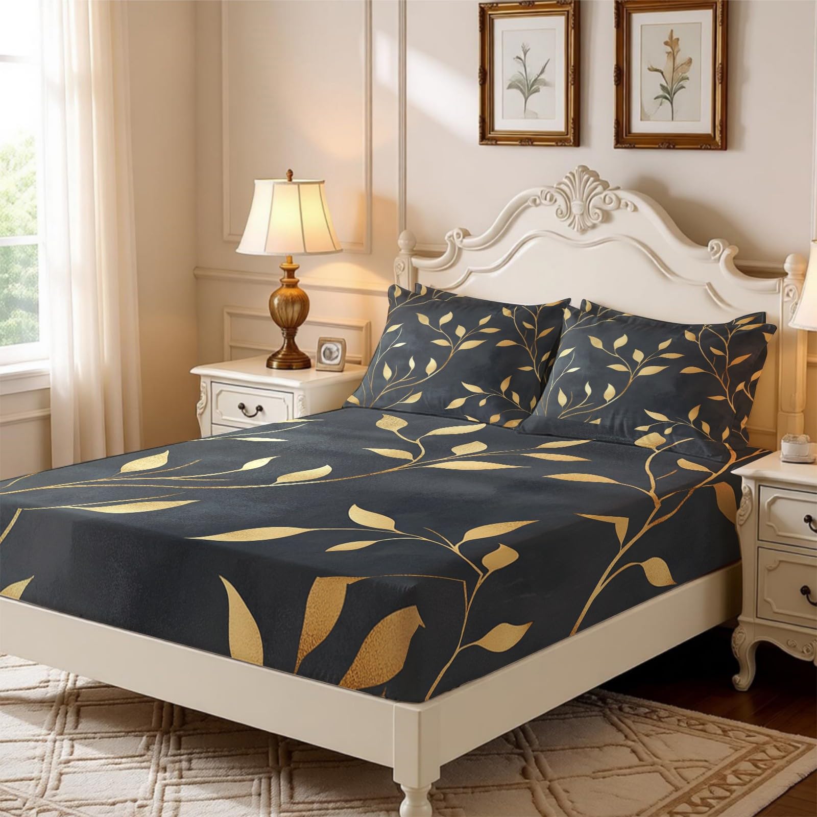 Lenzuolo con Angoli 180 x 200 cm Microfibra foglie della pianta Lenzuolo Sotto Elasticizzato Profondo 25 cm oro per Letto Singolo e Matrimoniale