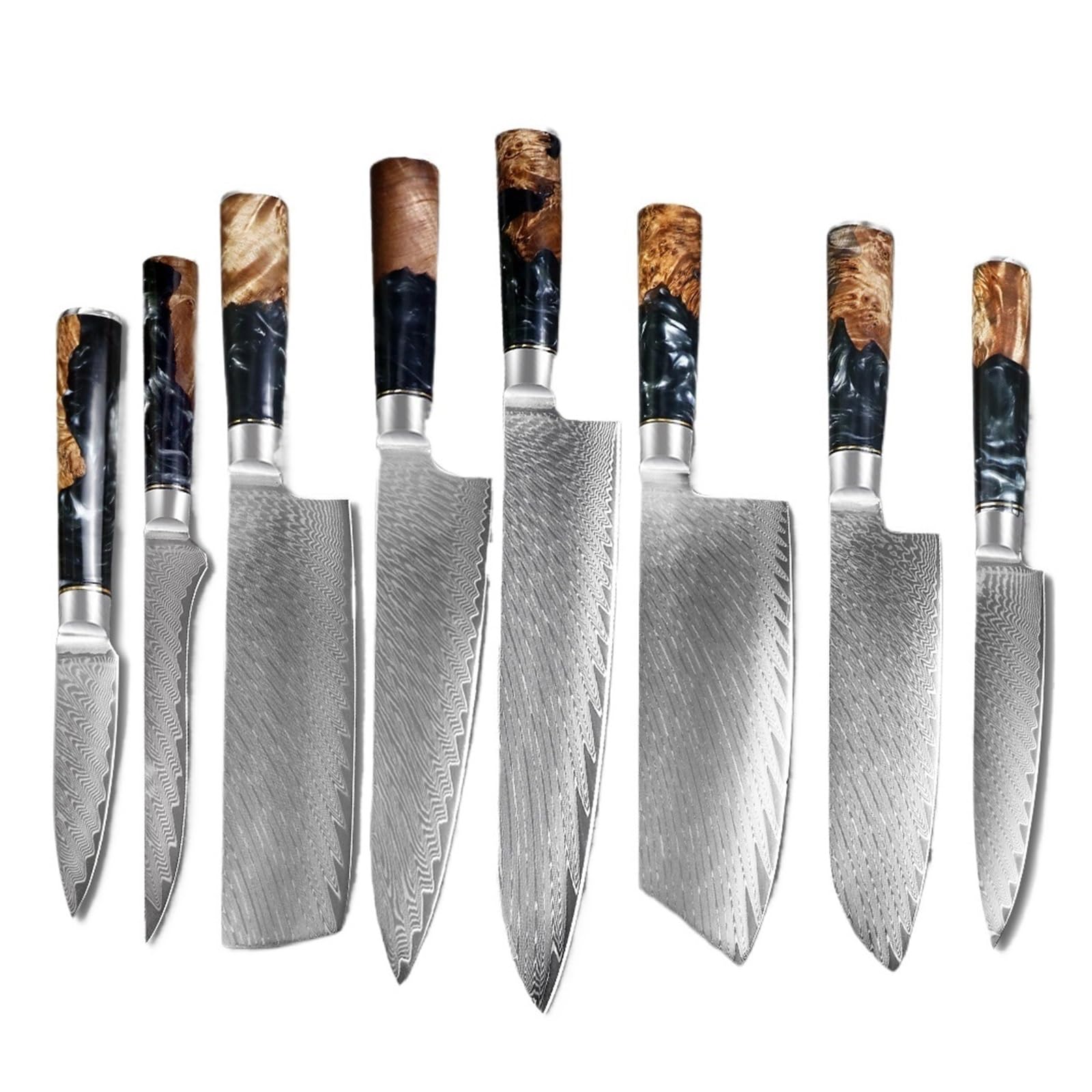 Set di coltelli da cucina professionale in acciaio damasco for chef, pelare il pane, Santoku, affilato