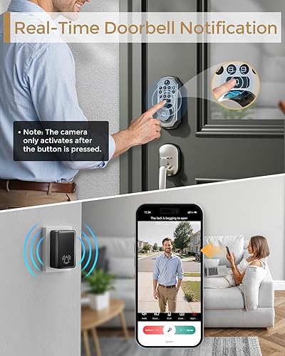 Miniatura 4 de Cerradura inteligente WiFi con cámara, cerrojo de entrada sin llave con asa, cámara 5 en 1, timbre de puerta, huella dactilar, teclado, control de