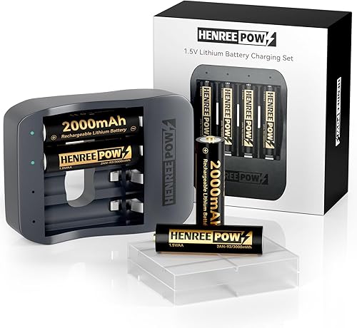 Henreepow AA - Batería recargable de litio de 1.5 V, batería real de iones de litio AA de alta capacidad de 3000 mWh (2000 mAh) con cargador rápido