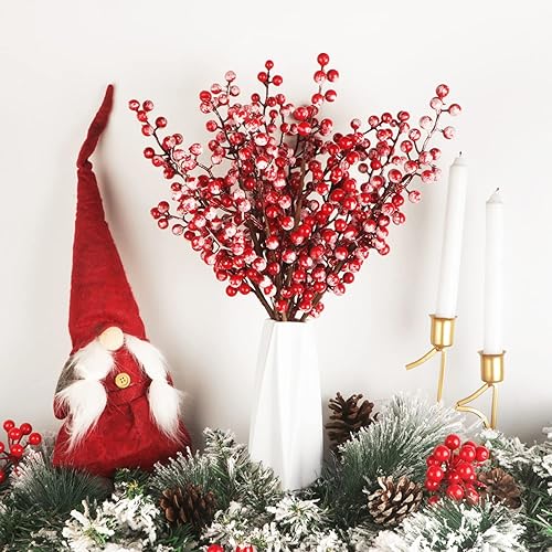 Miniatura 2 de Fangoo Paquete de 10 tallos de bayas rojas de Navidad, bayas rojas nevadas de 14 pulgadas, tallos de bayas rojas burdeos, ramas de bayas nevadas