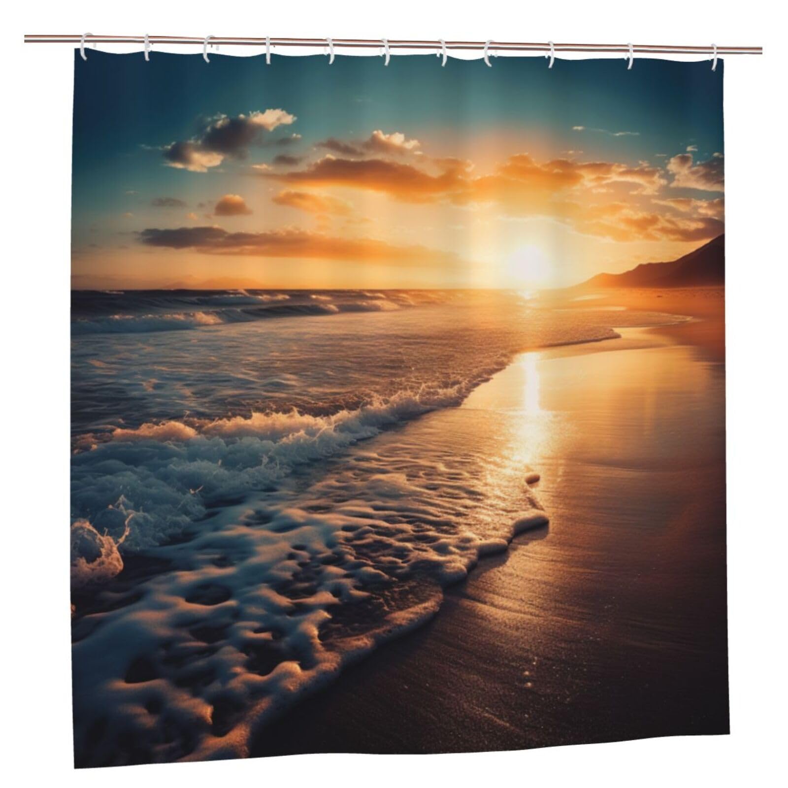 BWWHCCTI Sea Beach Sunset Printed Shower Curtain With 12 Plastic Hooks Opaque Quick Drying Waterproof Shower Curtains Sets For Bathroom 183x183 CM