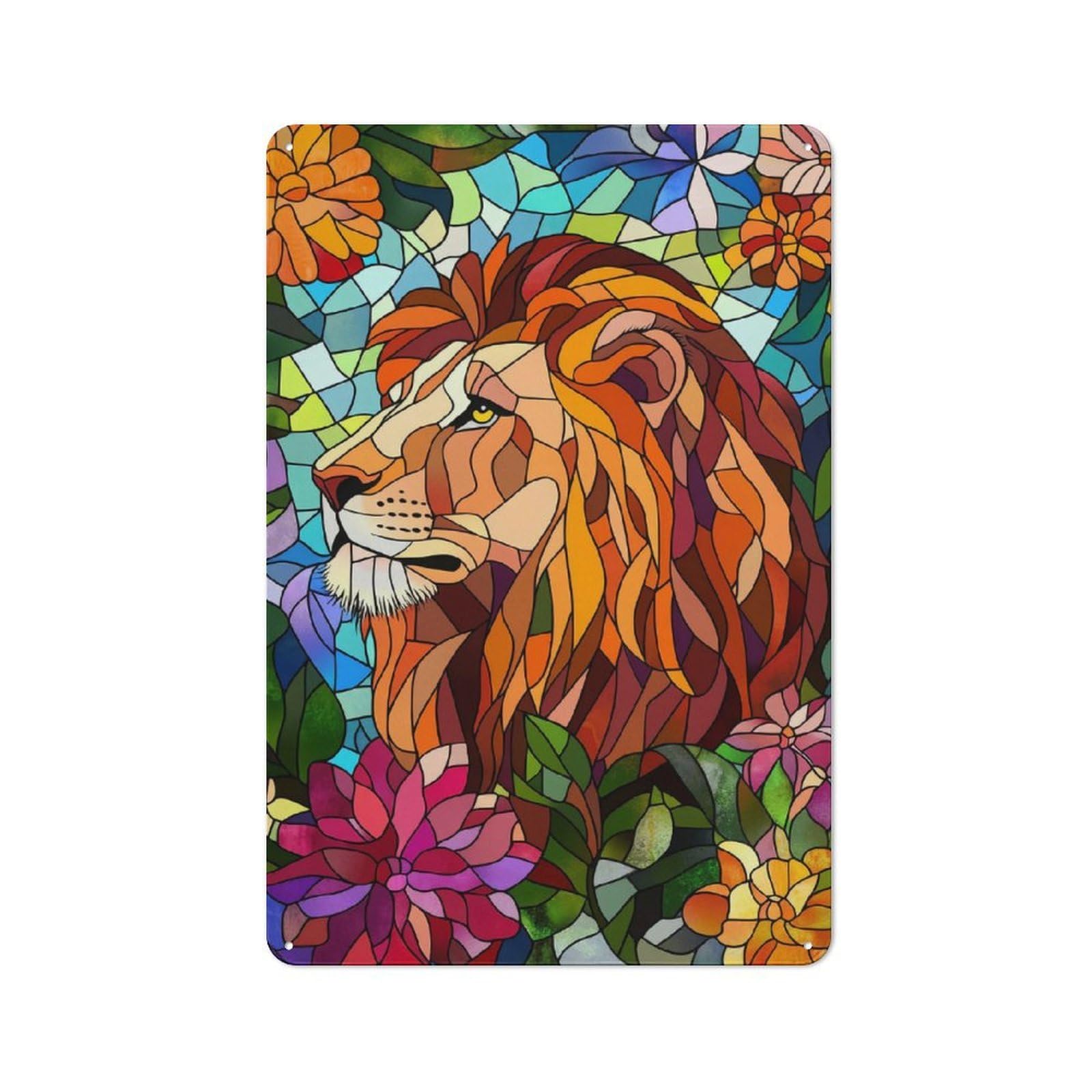 Junmoney Lion In Flowers Stained Glass Retro Tin Wall Plaque 30X20cm For Dining Room Or Kitchen, For Home Decor Collectors