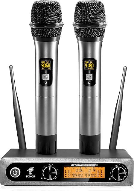 TONOR Microphone sans fil, Metal Dual Professional UHF Système de micros dynamiques sans fil pour la performance des instruments, Karaoké à la maison, Réunion, Fête, Église, DJ, Mariage, maison KTV Prêt, 200ft(TW820)