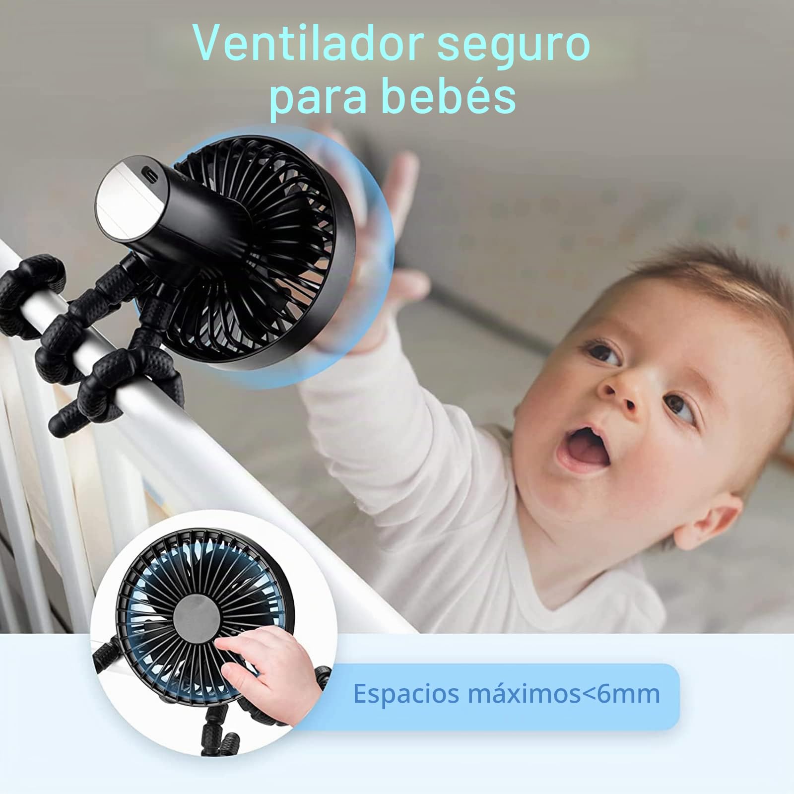 Ventilador USB Ventilador Carrito Bebe, Ventilador de Trípode Silencioso Multifunción, 3 Velocidades, Adecuado para Cochecito, Oficina, Camping al Aire Libre,