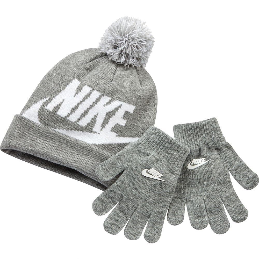 Nike Swoosh Pom Mütze und Handschuhe für Kinder Gr. Youth-X-Large, Dark Grey Heather(8A2695-042)/Weiß Fashion