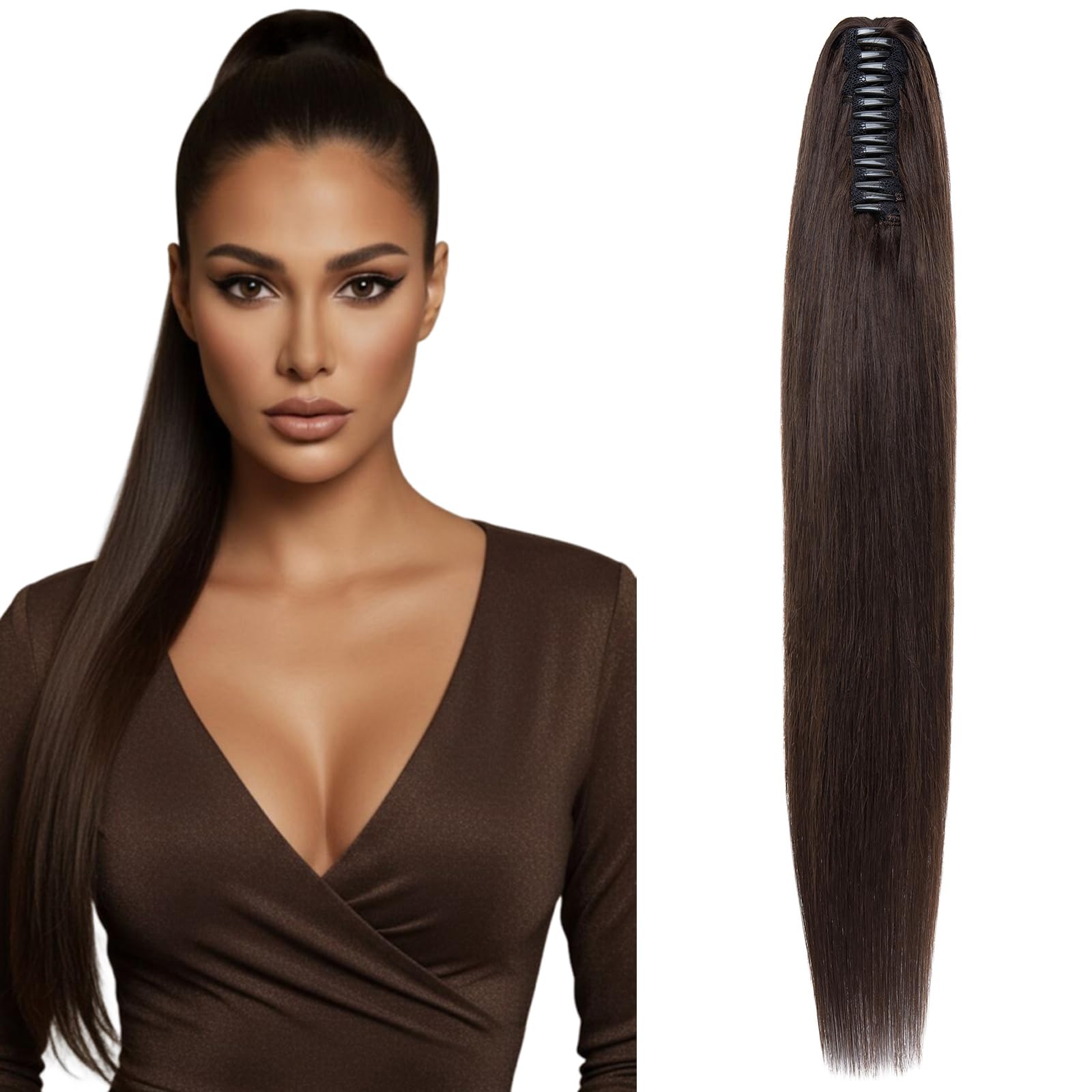 MY-LADY Ponytail Extension Zopf Echthaar, 40cm Dunkel Braun Lang Pferdeschwanz mit Klammer Clip In Zopf Haarverlängerung für Damen Glatt 105g #02