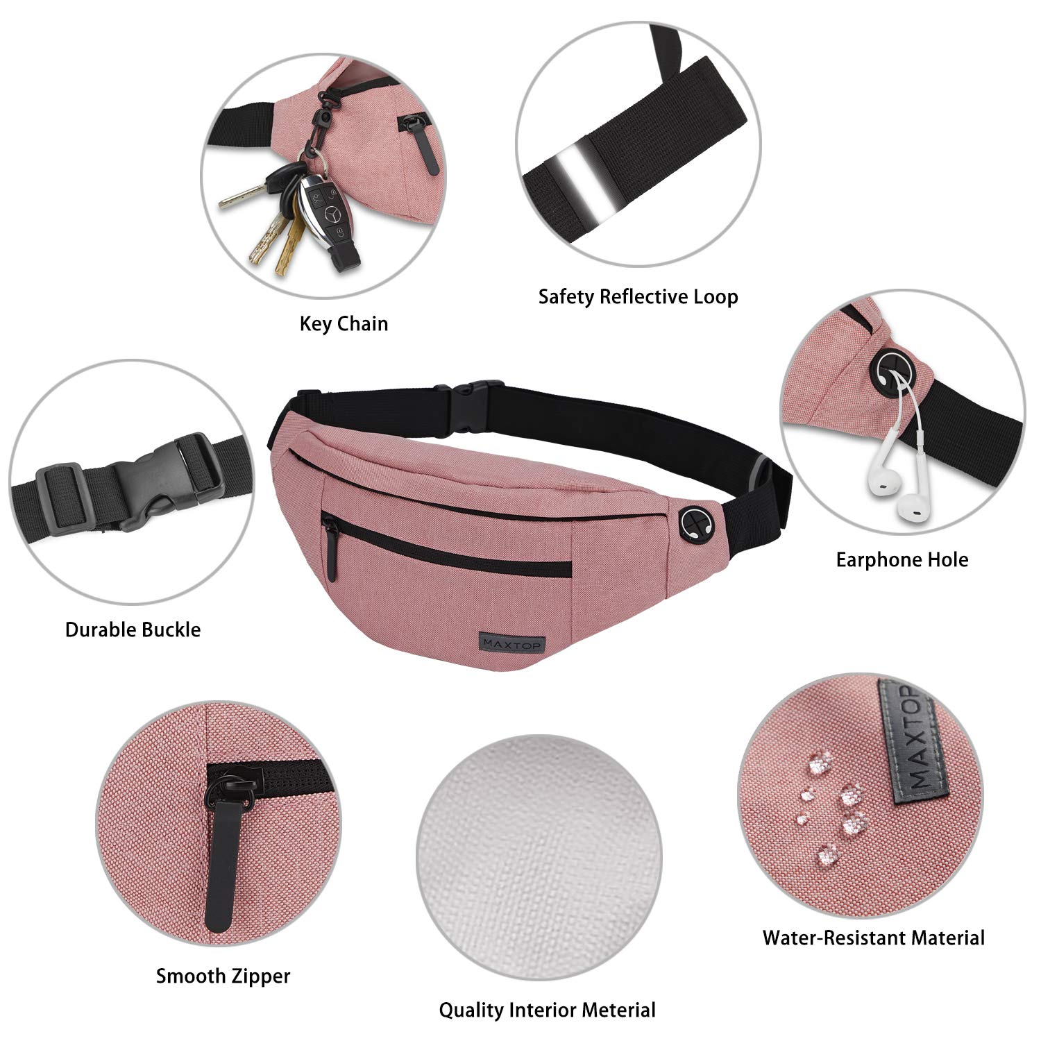 MAXTOP Marsupio grande per donna e uomo, marsupio con attacco per cuffie e 4 tasche con zip, cintura regolabile per ciclismo, corsa, jogging, viaggio, outdoor, allenamento