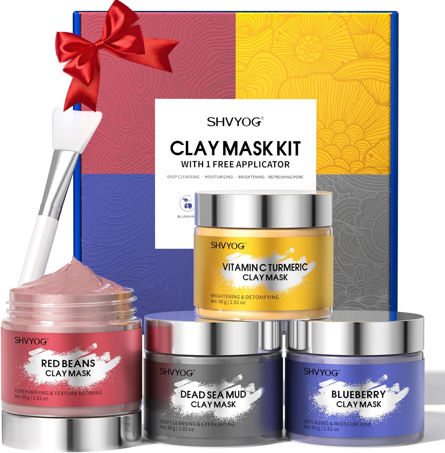 4 Pcs Clay Mask Set, Vitamin C Turmeric Facial Mask, Dead Sea Mud Mask, Blueberry & Red Beans Clay Mask, Face Masks Skincare for Deep Cleansing, Refining Pores, Moisturizing 320g